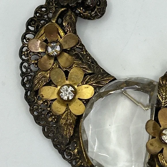 Antique Crystal Brass Faceted Glass Floral Huge Cornucopia Brooch Rare Statement
